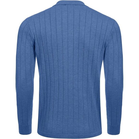 Men Blue Casual Knit Polo Shirt Long Sleeve Button Down Sweater Polo with Pocket - Picture 9 of 9